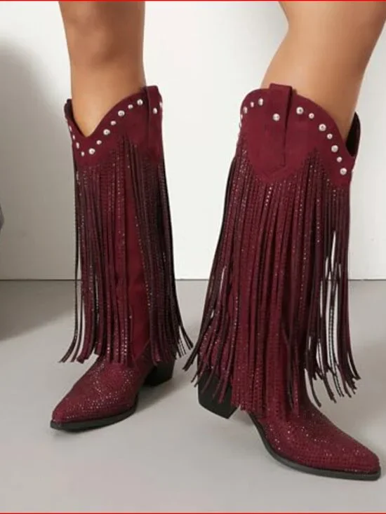 Rhinestone Fringe Cowgirl Boots, Faux Leather Mid-Calf Chunky Heel - Picture 3 of 7